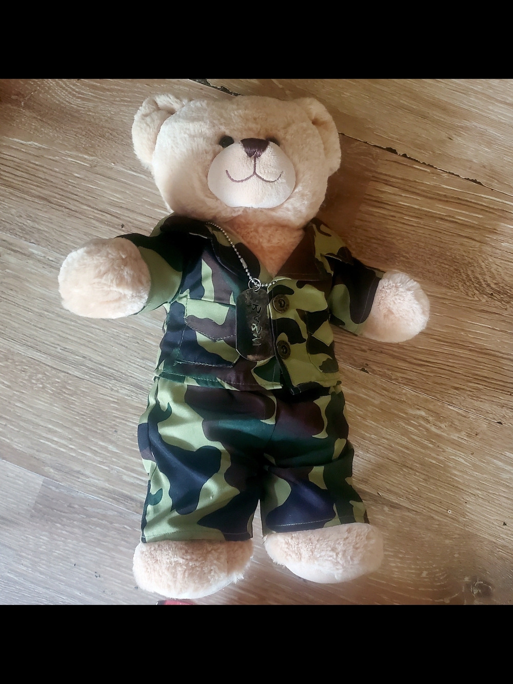 Build-A-Bear Beige Teddy in Green Camo Outfit with Dog Tag